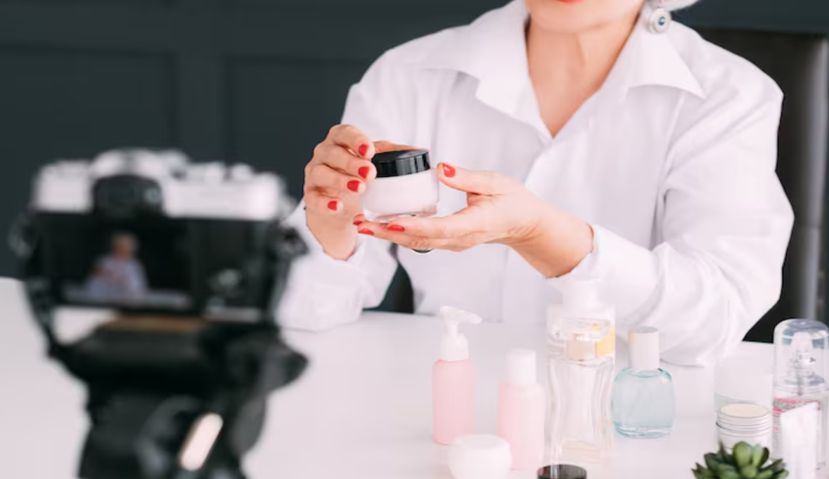 Senior beauty blogger aged woman making video review