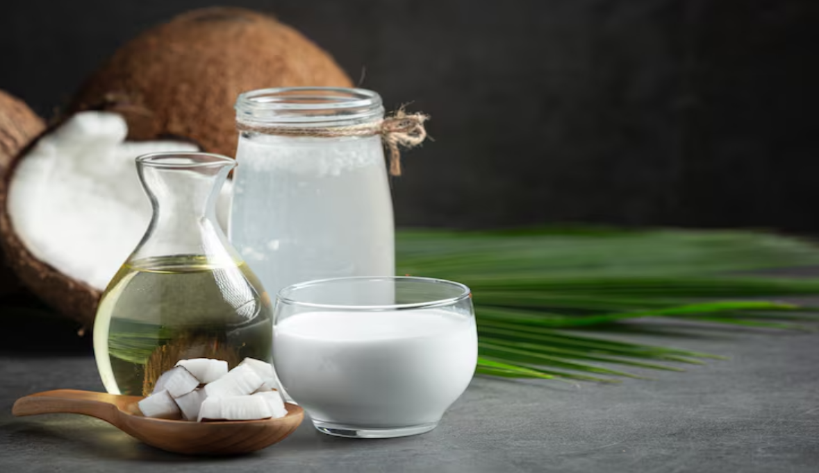 Various types products from coconut put dark floor