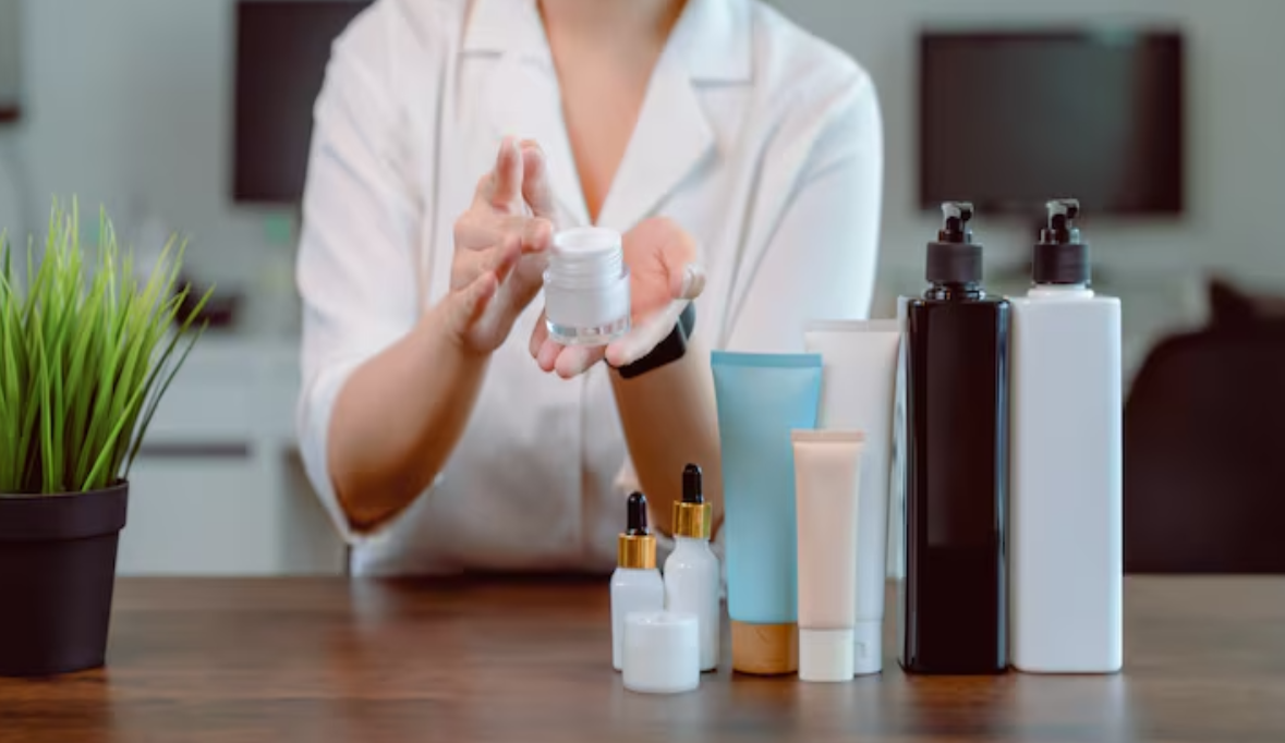 Woman showing make up cosmetics products live video digital digital camera