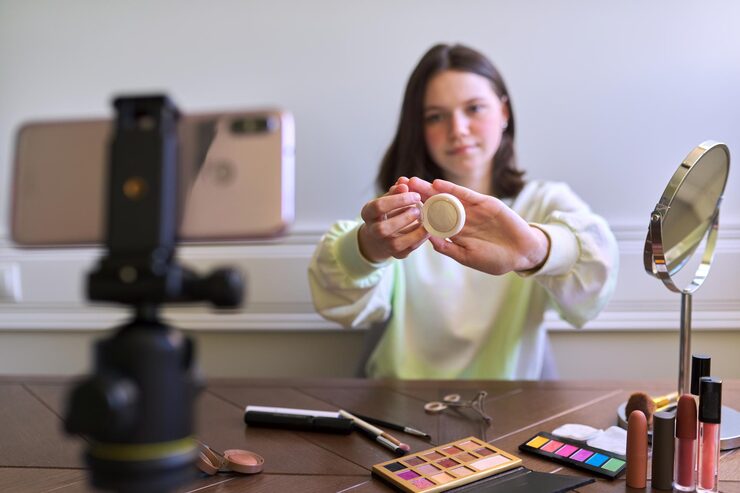 Teenage girl beauty blogger filming showing eye shadow telling makeup