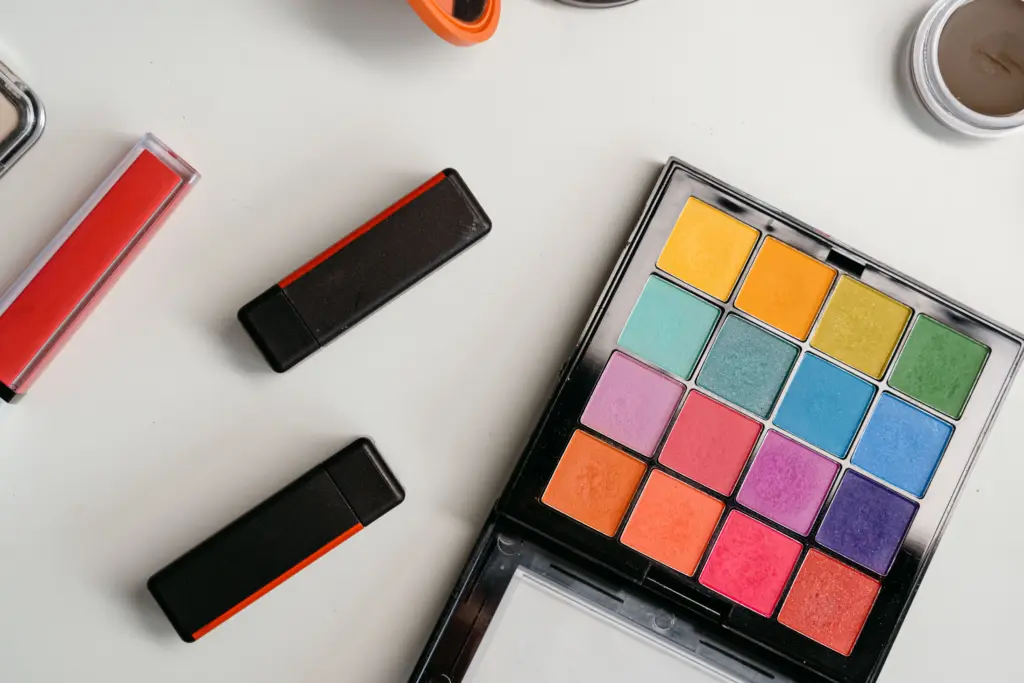 A table displaying various makeup products