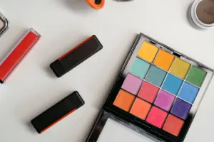 A table displaying various makeup products